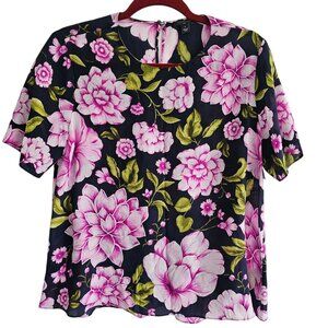 Ann Taylor Silk Navy Blue  Floral Pink Maximalism Bold Print Scoop Neck Top